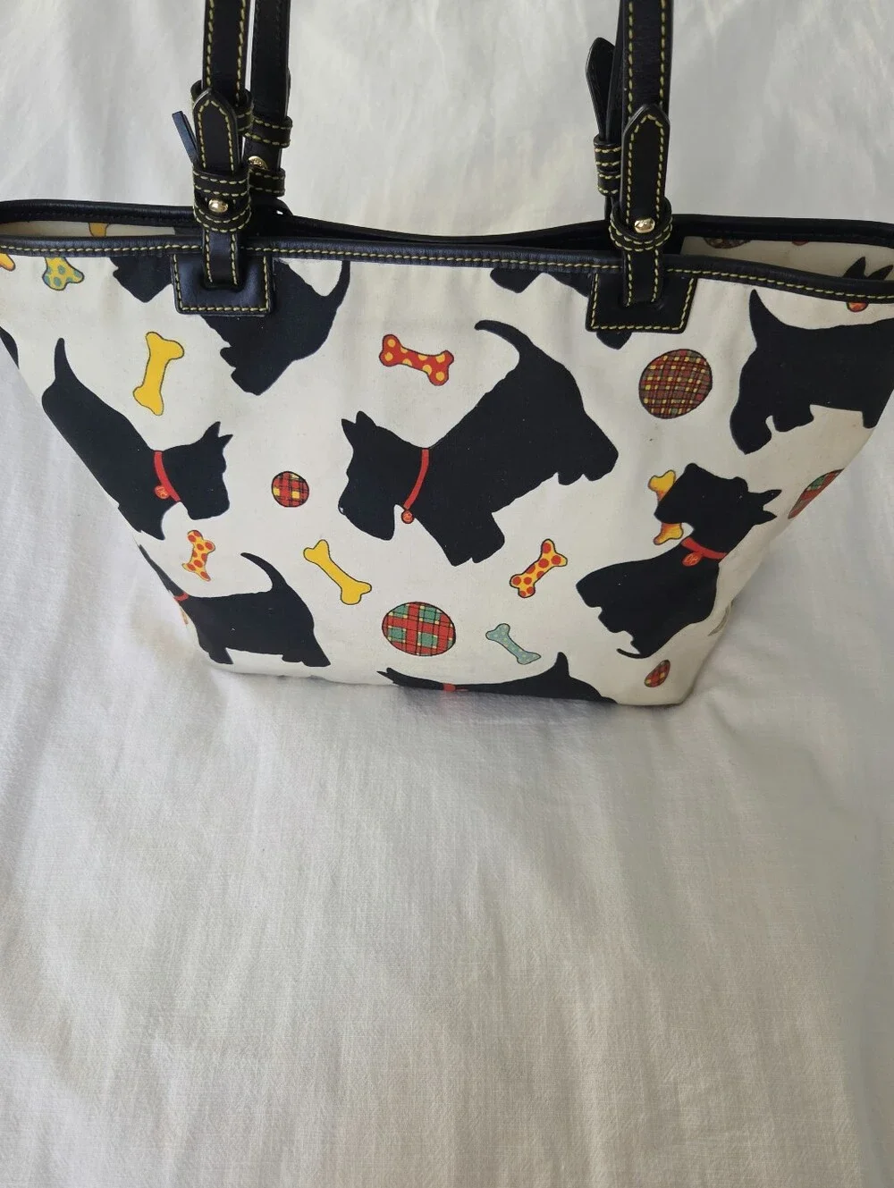 Dooney & Bourke Black Scottie Dog Print Tote, Cream Background + Plaid Interior